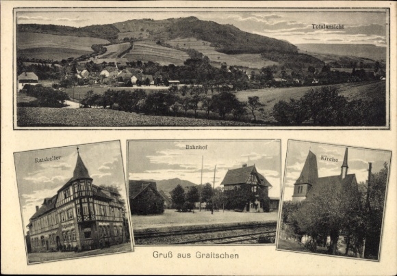 Postcard Graitschen near Bürgel Thuringia, general view, Ratskeller, church, train station