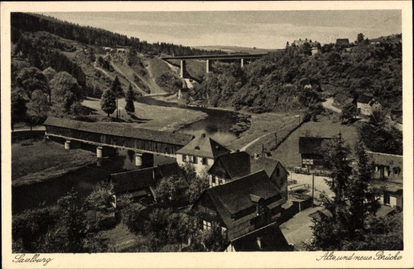 Postcard Saalburg in Thuringia, old and new bridge, river, bridge, landscape