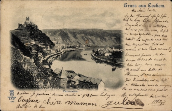 Ak Cochem an der Mosel, Panoramablick, Burg im Hintergrund, Moselfluss, Gruß von Julia
