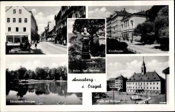 Postcard Annaberg Buchholz in the Ore Mountains, protective pond, district theater, market, town hall, Adam Ries monument