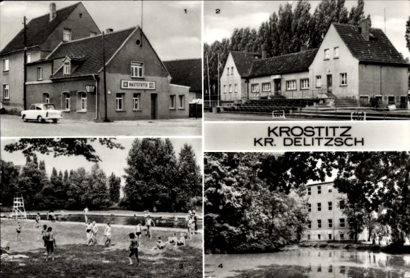 Ak Krostitz in Saksen, rustplaats Konsum, sportcentrum, openluchtzwembad, polytechnische hogeschool