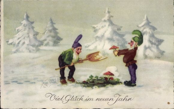 Postcard Happy New Year, dwarves, toadstools