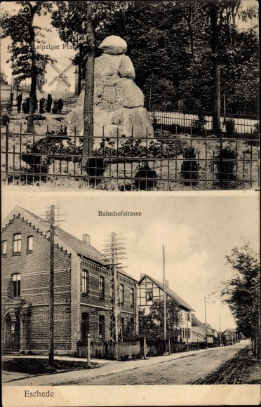 Ak Eschede op de Lüneburger Heide, Leipziger Platz, monument, windmolen, Bahnhofstrasse