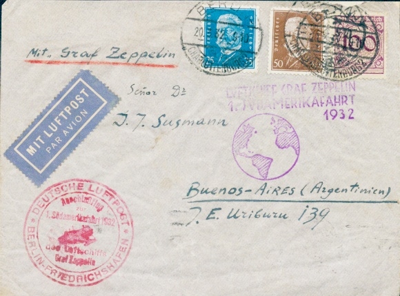 List Podróż do Ameryki Południowej 20 marca 1932, LZ 127 Graf Zeppelin, lot przesiadkowy Berlin Friedrichshafen