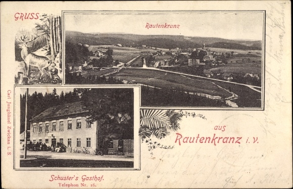 Ak Rautenkranz im Vogtland, Panorama, Schusters Gasthof
