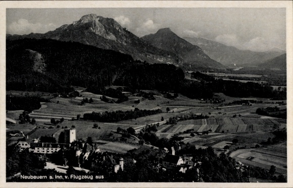 Postcard Neubeuern in Upper Bavaria, aerial view of mountains, fields, landscape