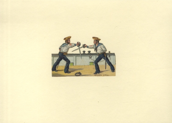 Oblate Two fencing sailors, size approx. 6.5 x 11 cm
