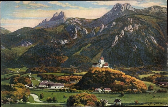 Postcard Hohenaschau Aschau im Chiemgau Upper Bavaria, castle on a mountain, surrounded by mountains
