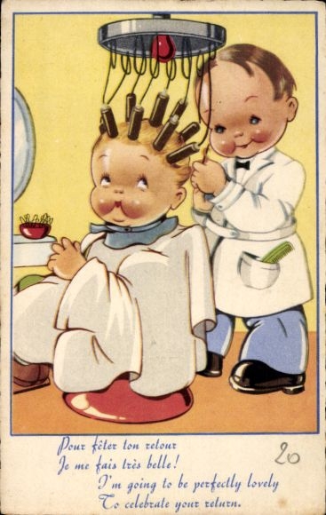 Kunstenaar Ak Pour feter ton retour, je me fais très belle, kapper, permanent