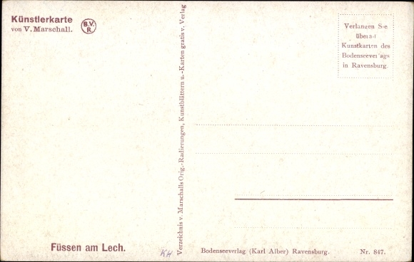Kunstenaarskaart Marschall, V., Füssen am Lech, uitzicht over de stad naar het kasteel