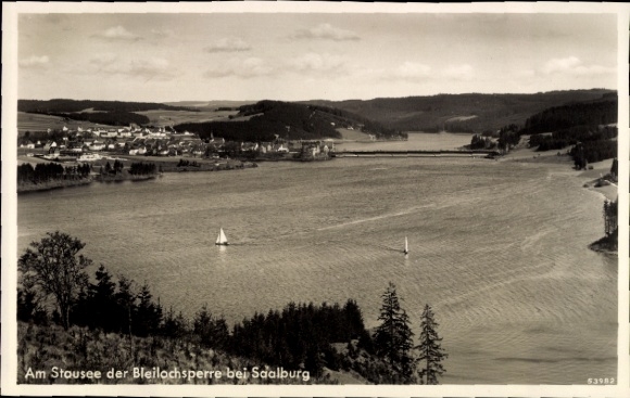 Postcard Saalburg in Thuringia, reservoir, Bleiloch dam, boats, landscape