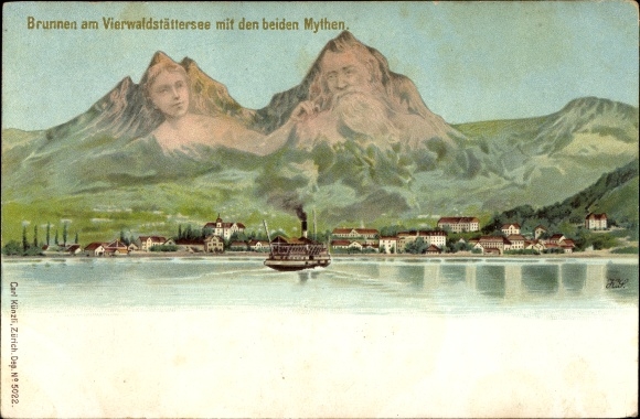 Artist PC Brunnen Kt Schwyz, view of the town on Lake Lucerne, myths, mountain faces