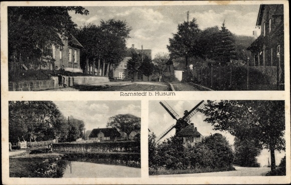 Ansichtkaart Ramstedt in Noord-Friesland, molen, stadsgezichten