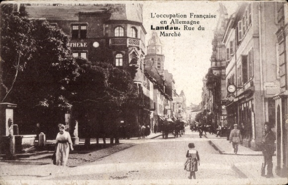 Postcard Landau in der Pfalz, street with people, French occupation, atmosphere