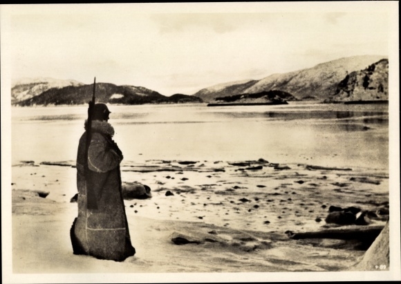 Photo Heinrich Hoffmann, Norway, German Wehrmacht soldier on guard duty in the fjord, April 1942