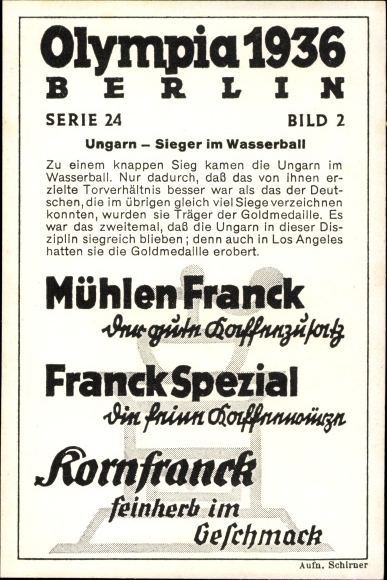 Collection picture Olympia 1936, series 24 No. 2, Hungary water polo team, Franck coffee