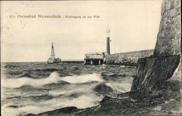 Postcard Ostseebad Warnemünde Rostock, sea storm, pier, lighthouse, view of the sea