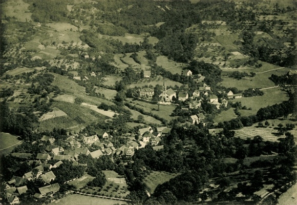 Postcard Sasbachwalden in the Black Forest, aerial view of green areas, villages, church