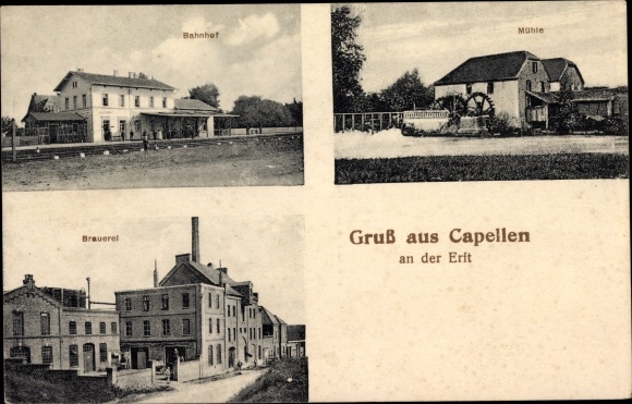 Ak Capellen-kapellen aan de Erft Grevenbroich, treinstation, molen, brouwerij