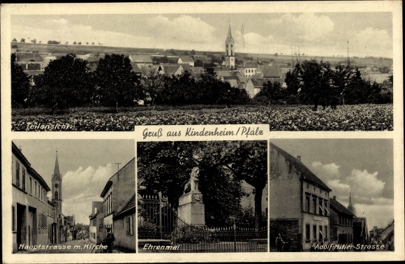 Ak Kindenheim in der Pfalz, Panorama, Hauptstraße, Kirche, Ehrenmal, Adolf Hitler Straße