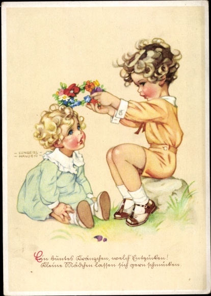 Artist PC Lungershausen, Ilse Wende, boy and girl, flower wreath