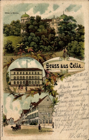 Chromo-Litho Celle in Lower Saxony, Castle in the Green, Higher Regional Court, view of the Stechbahn
