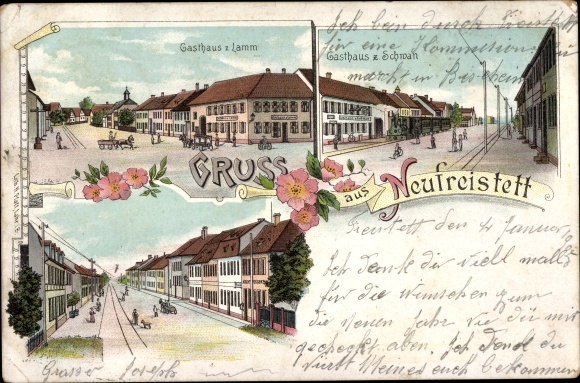 Litho Neufreistett Freistett Rheinau in Baden, Gasthaus zum Lamm, Gasthaus zum Schwan, Straßenpartie