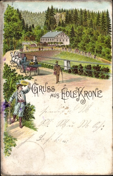 Chromo-Litho Edle Krone Klingenberg in the Ore Mountains, Hotel Edle Krone, carriage, hikers