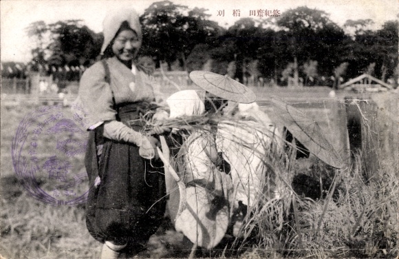 Postcard China, Chinese farmers harvesting in a rice field