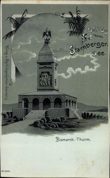 Moonlight Chromo-Litho Assenhausen Berg am Starnberger See in Upper Bavaria, view of the Bismarck Tower