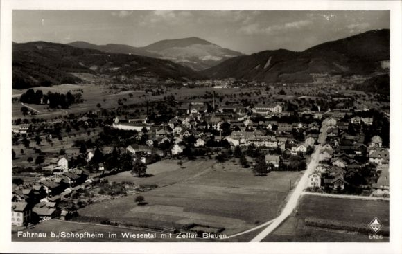 Postcard Schopfheim in Baden, landscape of Zeller Blauen in the background, photography