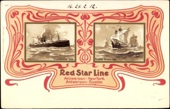 Passepartout Postcard Red Star Line, Antwerp New York, Boston, passenger steamer Vaderland 1900