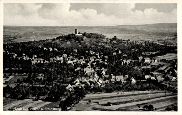 Postcard Weiler Sinsheim in Baden, Burg Steinsberg, aerial photograph, Wirtschaft zur Rose