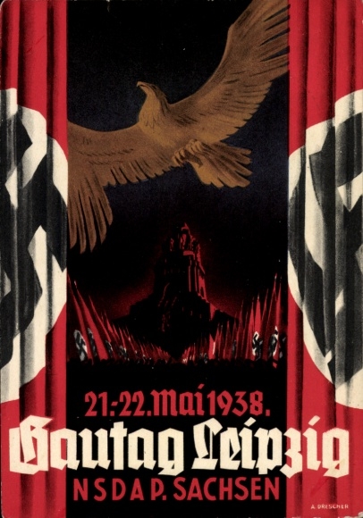 Ak Gautag der NSDAP Sachsen in Leipzig 21. - 22. Mai 1938, Adler, Völkerschlachtdenkmal, Fahnenzug