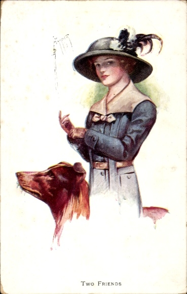 Kunstenaar Ak Barber, Hof, Twee vrienden, Vrouw met modieuze hoed, Hond, Collie