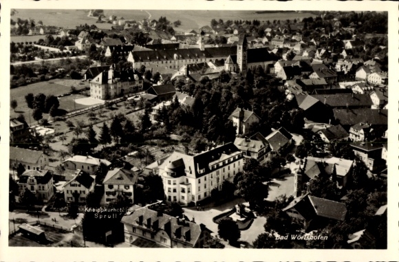 Postcard Bad Wörishofen in Unterallgäu, aerial photograph, Kneippkurhotel Sproll