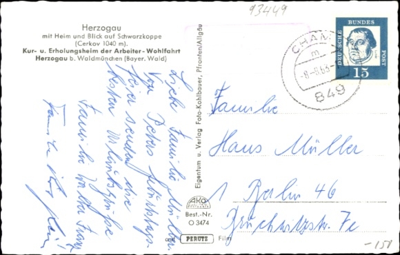 Postcard Herzogau Waldmünchen in the Upper Palatinate Forest Bavaria, Home of the Workers' Welfare Association, Schwarzkoppe