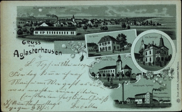 Moonlight Chromo-Litho Aglasterhausen in Baden, general view, church, partial views, factory