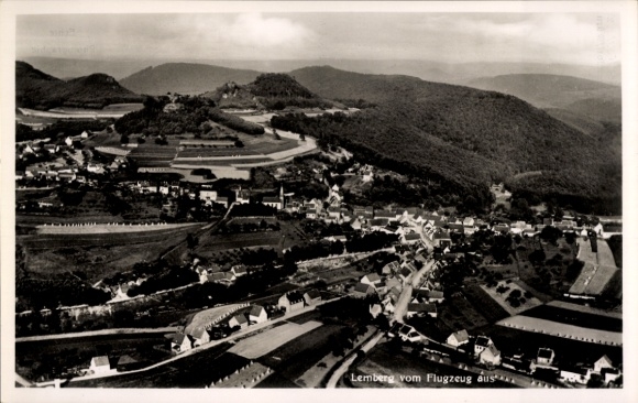Postcard Lemberg in the Palatinate, aerial view of wooded hills, water reservoirs, castles
