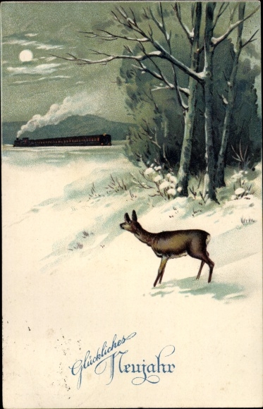 Ak Glückwunsch Neujahr, Winterlandschaft mit Reh und Eisenbahn