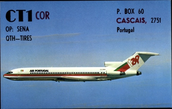 KP portugalski samolot pasażerski, Air Portugal, karta operatora radiowego QSL CT1 COR, Sena, Cascais Portugalia