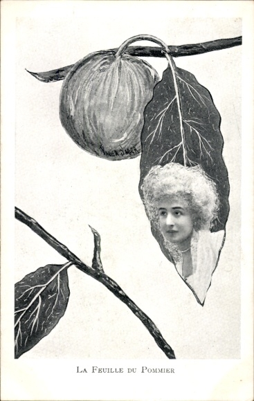 Kunstenaar Ak Sager, Xavier, La Feuille du Pommier, appelboom, vrouwengezicht in het blad