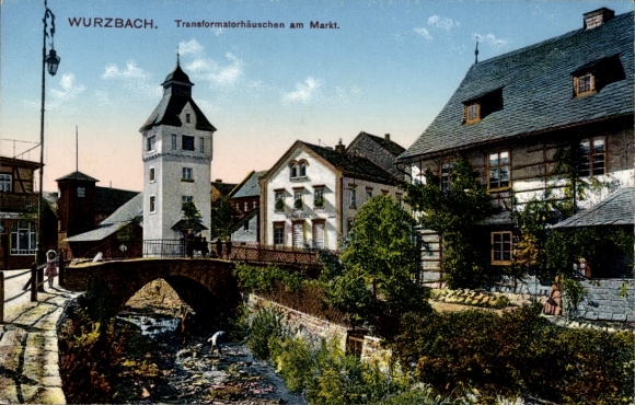 Postcard Wurzbach in Thuringia, transformer house, market, bridge, building, landscape