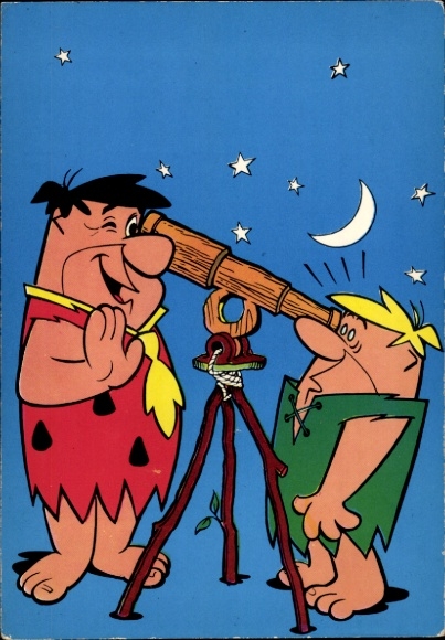 Postcard Fred Flintstone, Barney Rubble, Telescope