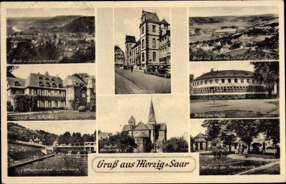 Ak Merzig aan de Saar, gemeentehuis, districtsspaarbank, kasteel Fellenberg, zwembad Heilborn