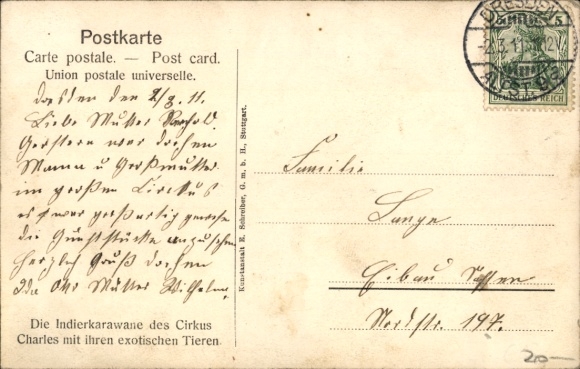 Postcard Circus Charles, Indian caravan with exotic animals, elephants, llamas, camels, zebras, ostriches
