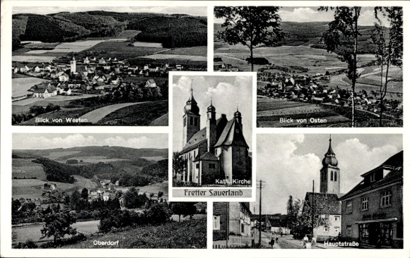 Ansichtkaart Fretter Finnentrop Sauerland, hoofdstraat, katholieke kerk, Oberdorf, west- en oostgezicht