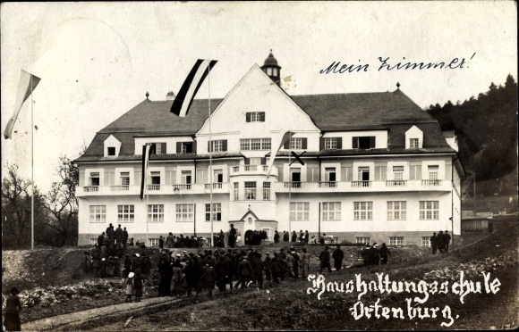 Photo PC Ortenburg Lower Bavaria, view of the home economics school, flags