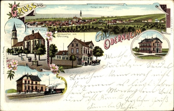 Litho Odernheim am Glan Rheinland Pfalz, Bahnhof, Evangelische Kirche, Restauration zum Petersberg