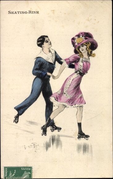 Postcard lovers roller skating, skating rink